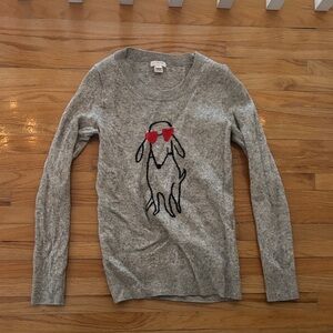 J. Crew Gray Sweater with Dog and Red Heart Glasses